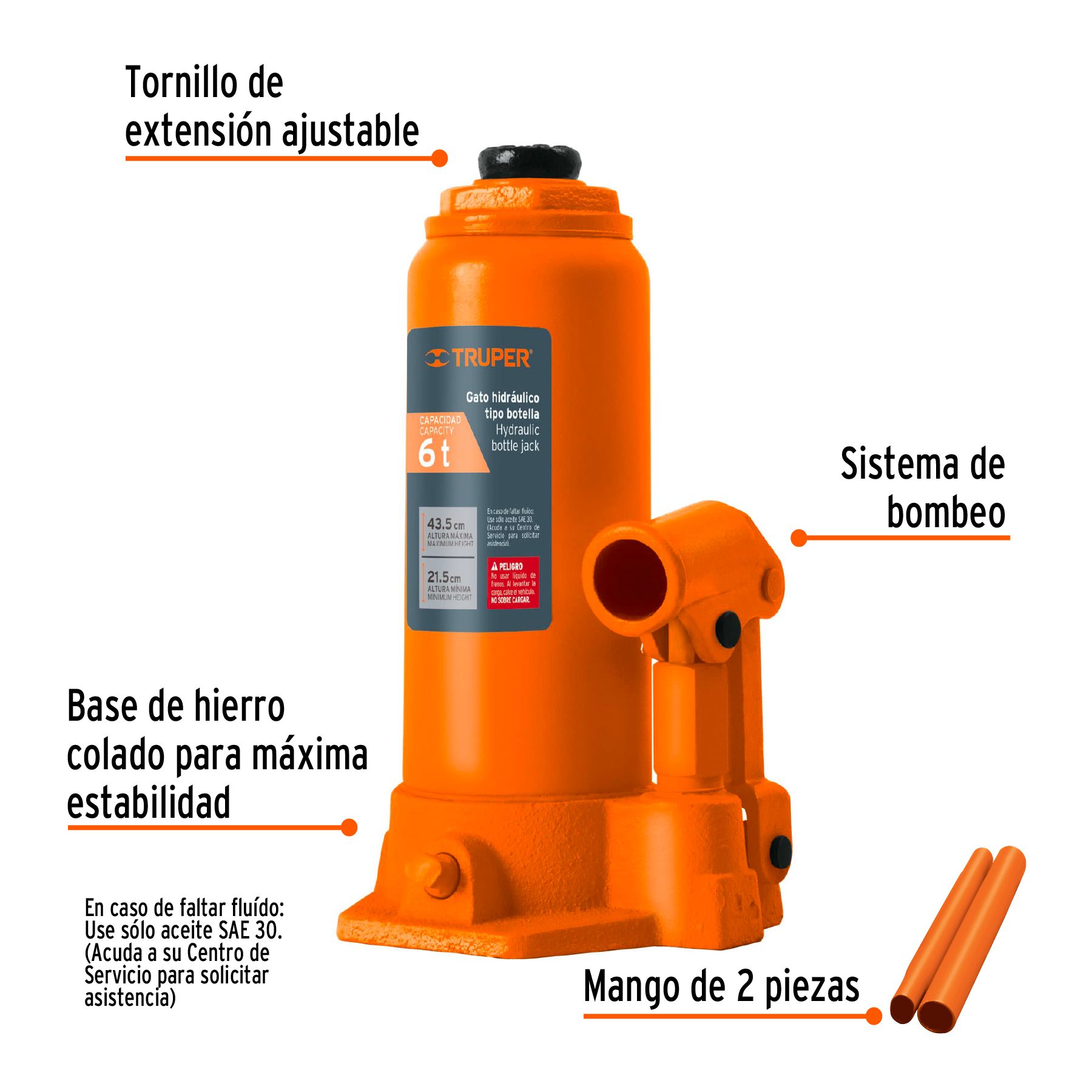Gato hidráulico de botella de 6 Ton, Truper - Imagen 2